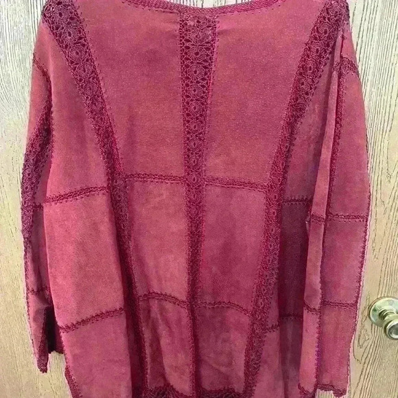 Vintage 1990s Burgundy Suede Crochet Lace
Trim Patchwork Button Up long Jacket - Picture 2 of 7
